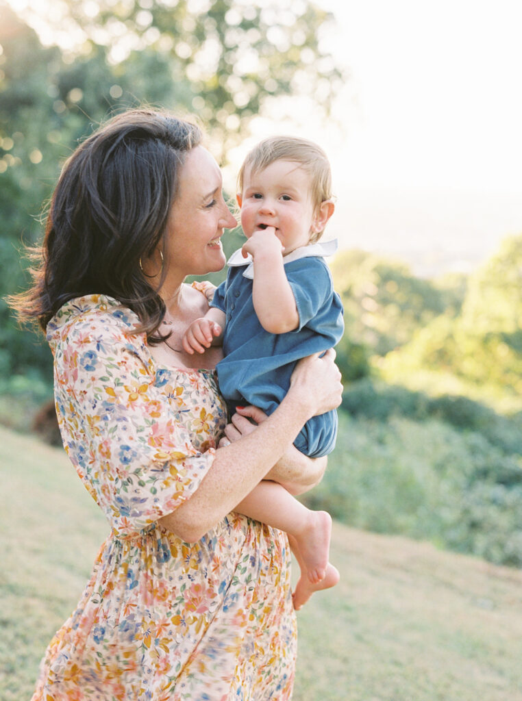 Outdoor family portraits in Birmingham AL with mom using chin-forward posing tip
