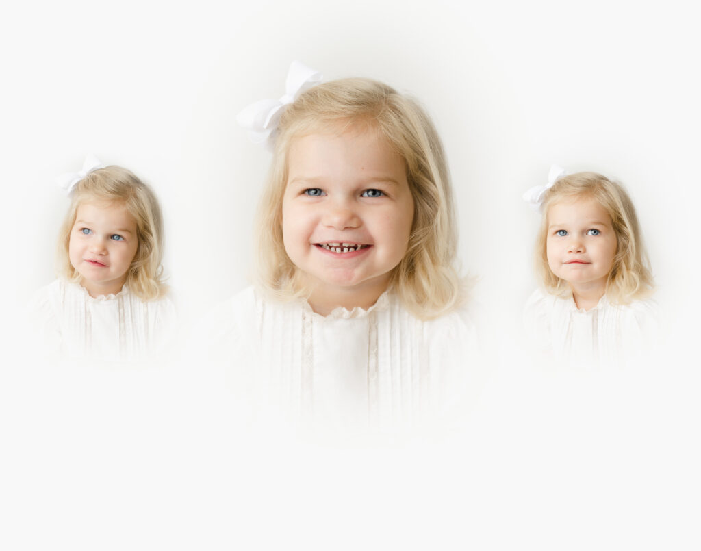 Fine-art heirloom vignette portrait of a child in Birmingham, AL by Alice Claire Photography — softly lit, timeless white background.